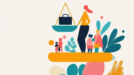 Obraz premium A vibrant illustration of a woman balancing a briefcase, surrounded by colorful plants and figures, symbolizing work-life balance.
