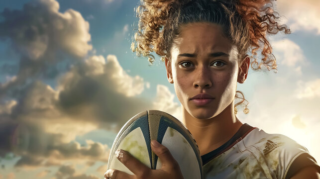 Female rugby player holding a ball.