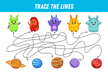 Find the way. Cute monsters and planets. Space elements. Educational game for preschool kids. Activity page. Vector