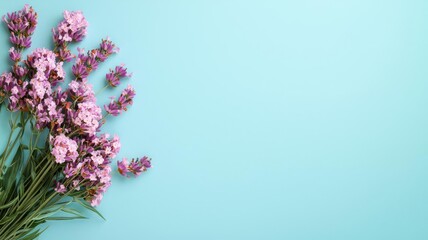Fototapeta premium A vibrant bouquet of purple flowers against a soft blue background, perfect for spring illustrations and floral designs.
