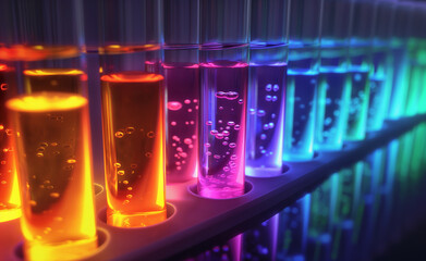 Row of glowing test tubes in various colors in a dark laboratory.