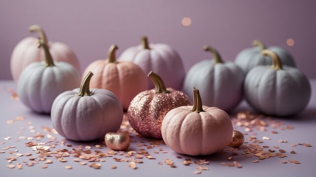 Minimalistic flat lay of purple and pink pumpkins on pastel lilac background with confetti and glitter for Halloween party decoration or design concept.