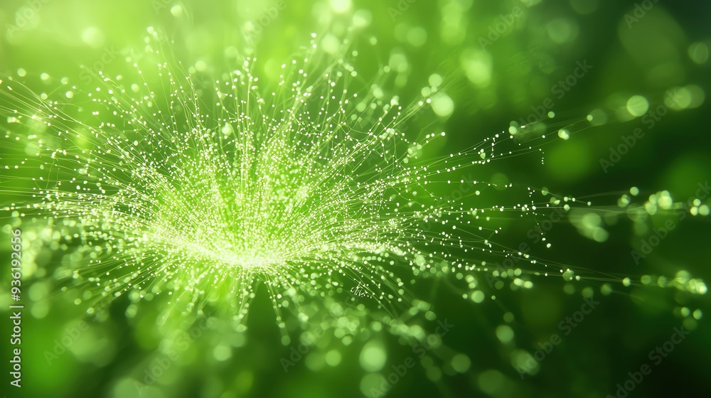 Poster a vibrant display of glowing green light particles radiating outward, creating an energetic and ench