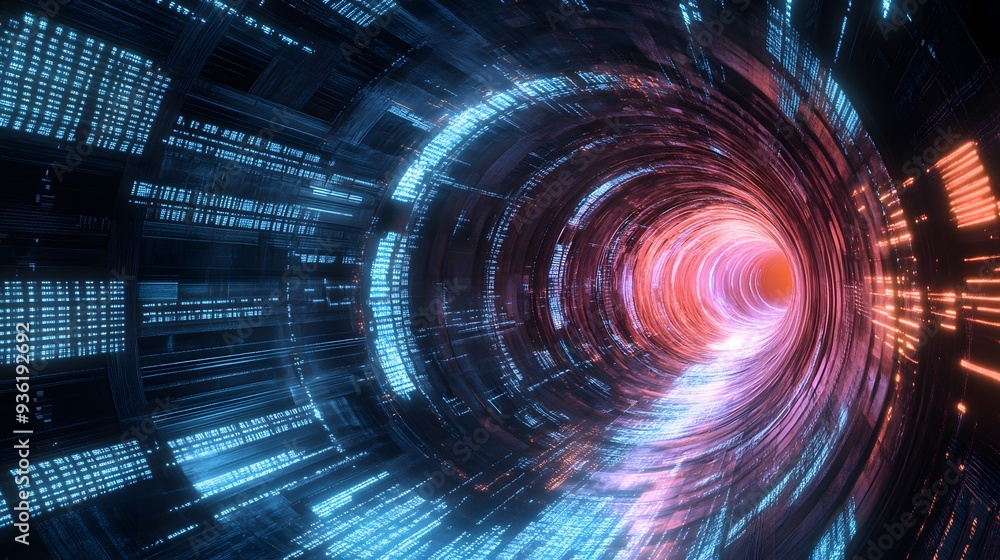 Poster 12. a 3d render of a data stream flowing through a futuristic digital tunnel