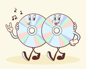 Groovy CD Retro Characters. Cartoon Music Compact Disk Record Personage Walking, Whistling and Smiling. Vector Funny Disco Mascot Template. Happy Vintage Cool Illustration Isolated
