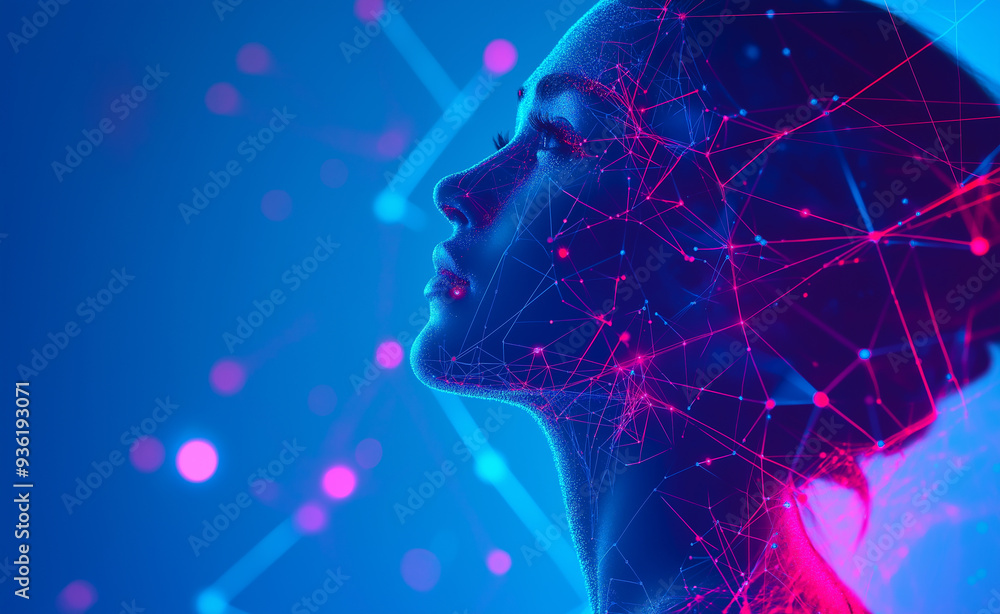 Poster digital representation of a human profile with glowing connections and data.