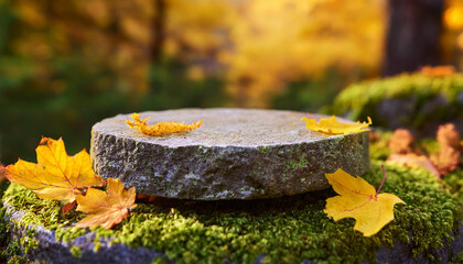 Empty round stone podium with autumn yellow leaves and moss. Presentation scene for mockups