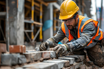 Dedicated Construction Worker Laying Bricks at a Building Site