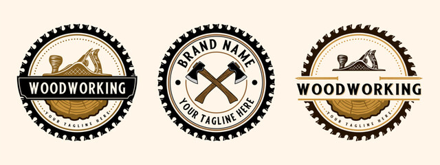 SET carpenter vintage logo design. handcraft and saw icon, for carpentry, furniture, construction and home improvement.