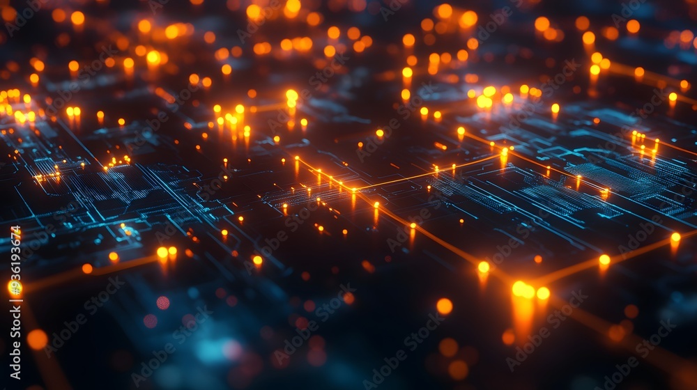 Poster 14. a high-tech digital network with glowing connections and floating nodes