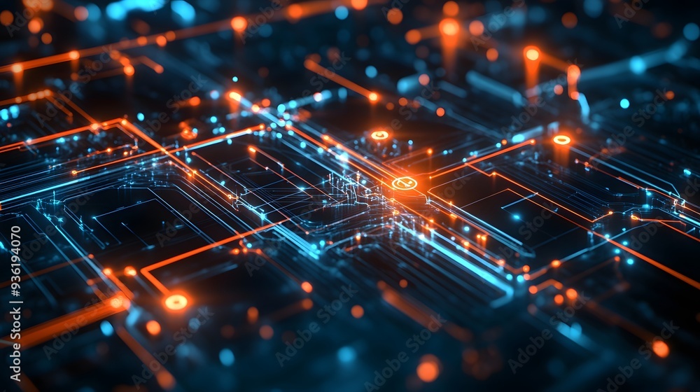 Poster 14. a high-tech digital network with glowing connections and floating nodes