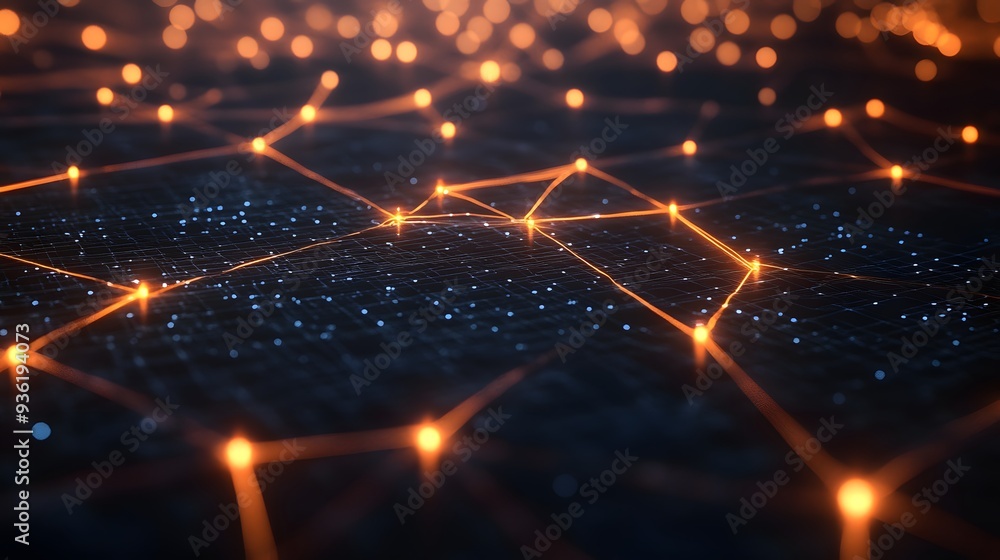Poster 14. a high-tech digital network with glowing connections and floating nodes