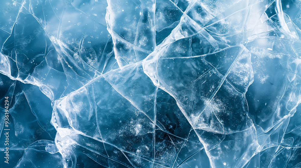 Poster close-up of broken ice with sharp edges and cracks.