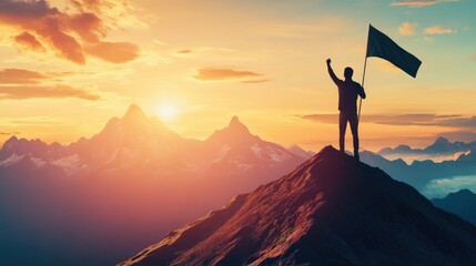 Silhouette of man standing on top mountain with flag in hand and celebrating success, sunrise sky background.