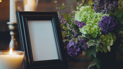 Elegance in Grief: Purple and Green Flowers with Candle at a Funeral Home