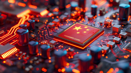 Chinese microchip with a glowing red flag on a motherboard.