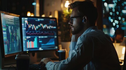 Fototapeta premium An investment bank analyst works at a computer with a multi-monitor workstation, analyzing real-time stocks, commodities, and exchange market charts.