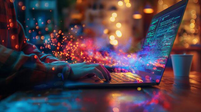 Person coding on a laptop with vibrant programming code on the screen.