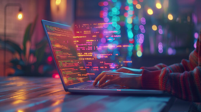 Person coding on a laptop with vibrant programming code on the screen.