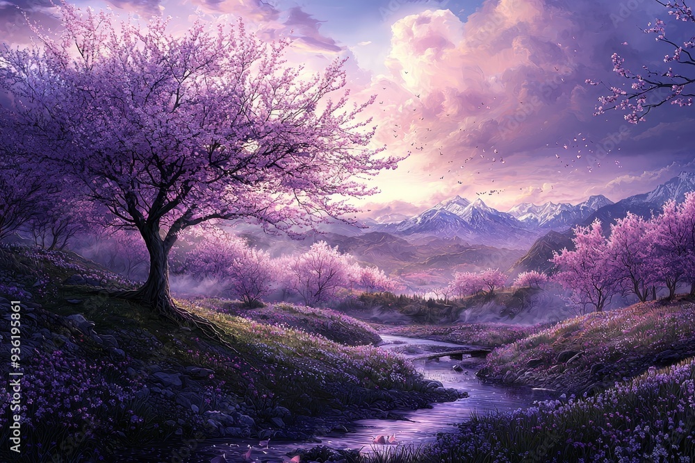 Poster A river flows through the flower meadow near the lone tree. A 3D rendering shows the river flowing through the flower fields to the foot of the mountain range.