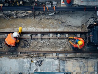 Obraz premium A construction site with workers installing new underground electrical cable