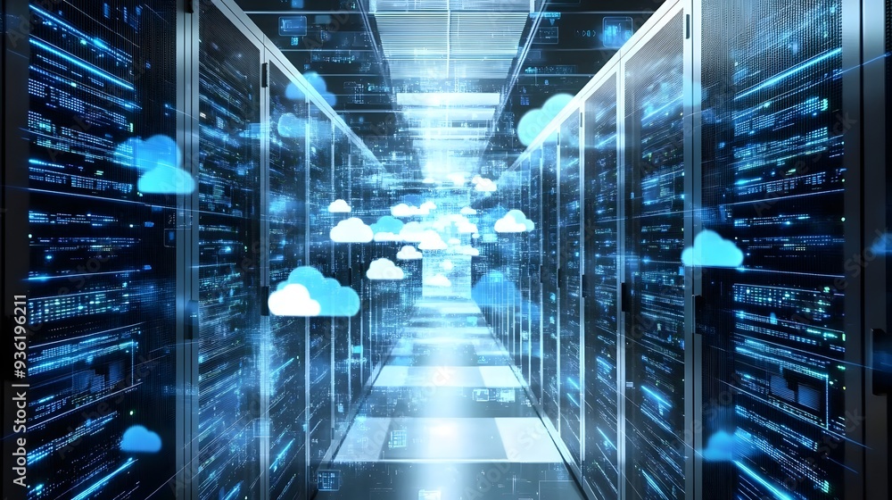 Poster 17. a digital cloud infrastructure with interconnected virtual servers and data pathways