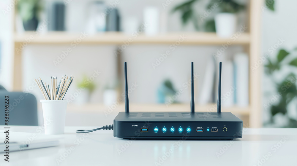 Poster modern wireless router providing high speed internet access in a home office