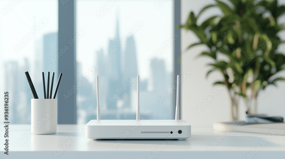 Aufkleber white wifi router providing internet in a bright office with city view