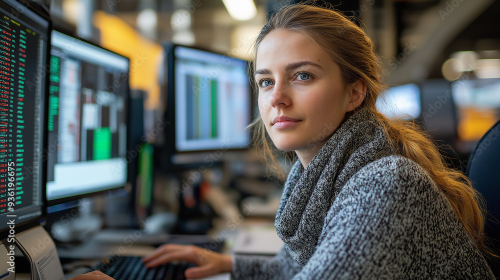 Aufkleber Financial analyst working on computer with multiple monitors showing charts and data