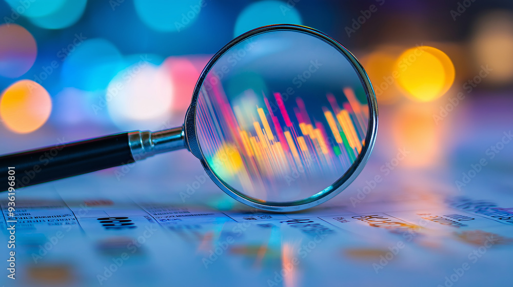 Poster Magnifying glass examining financial charts on paper with bokeh background