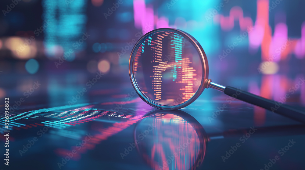 Poster Magnifying glass examining lines of code on a computer screen