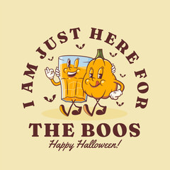 Halloween Groovy Pumpkin with a Booze Glass Retro Characters Label. Cartoon Personage Walking Showing OK Sign. Vector Autumn Holiday Mascot T-shirt Print Happy Vintage Cool Illustration Isolated