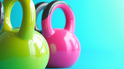 Brightly colored kettlebells on a vibrant background in a gym setting.