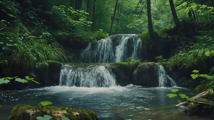 Enchanting Waterfall in a Serene Forest Setting