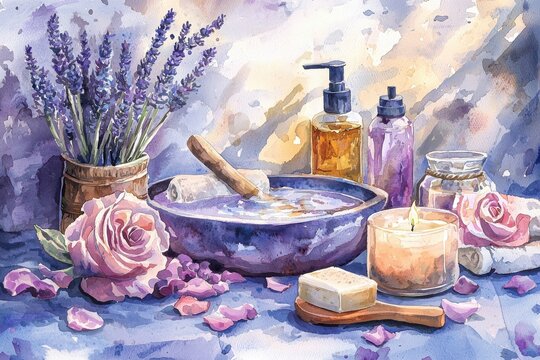 A serene bath scene featuring lavender, rose petals, candles, and aromatherapy essentials for relaxation and self-care.