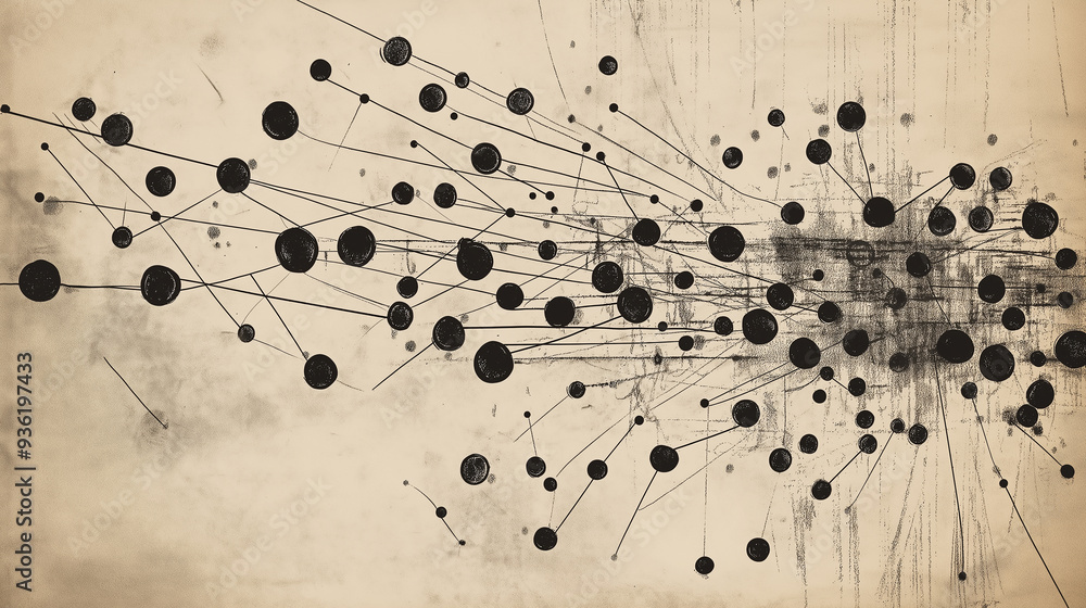 Poster Network connecting dots forming complex structure on grunge background