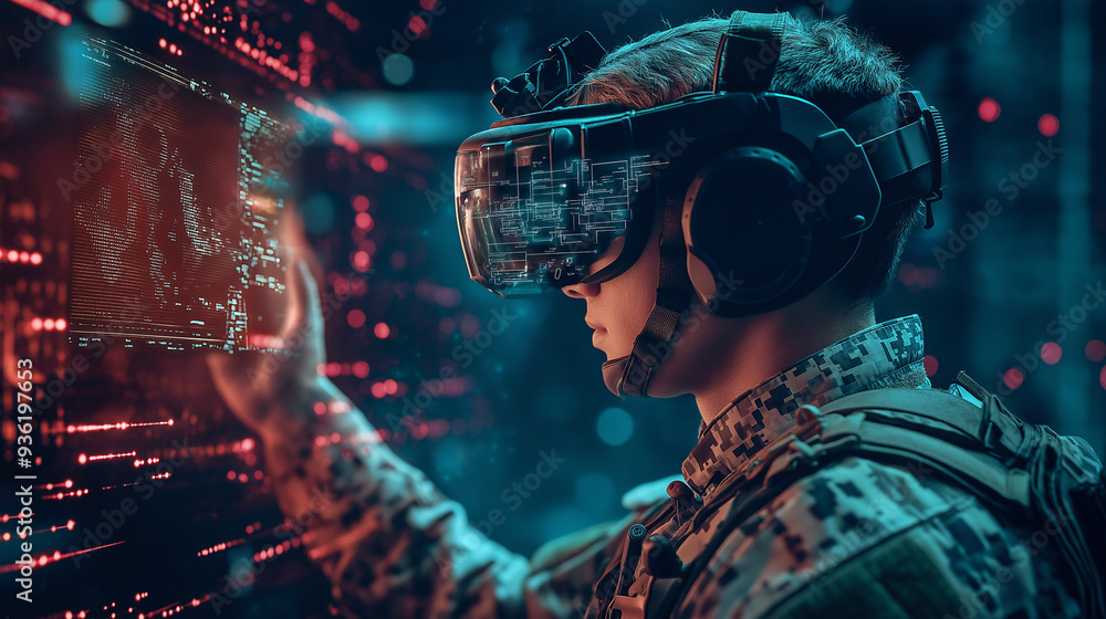 Aufkleber a soldier using virtual reality technology with a digital interface in a futuristic military setting