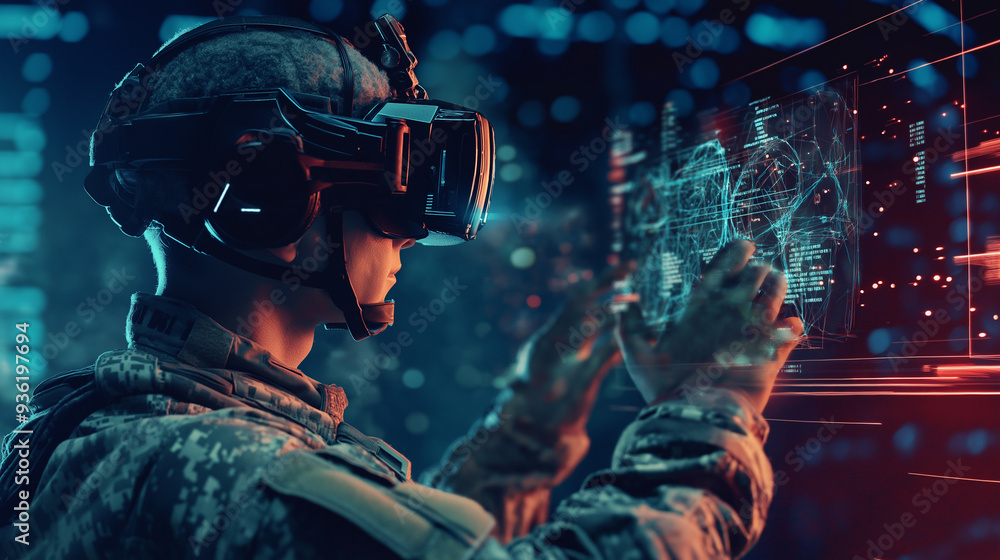 Poster a soldier using virtual reality technology with a digital interface in a futuristic military setting