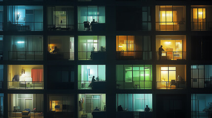 People spending time in their apartments at night in a big city building