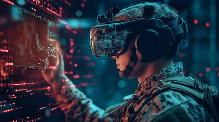 A soldier using virtual reality technology with a digital interface in a futuristic military setting.