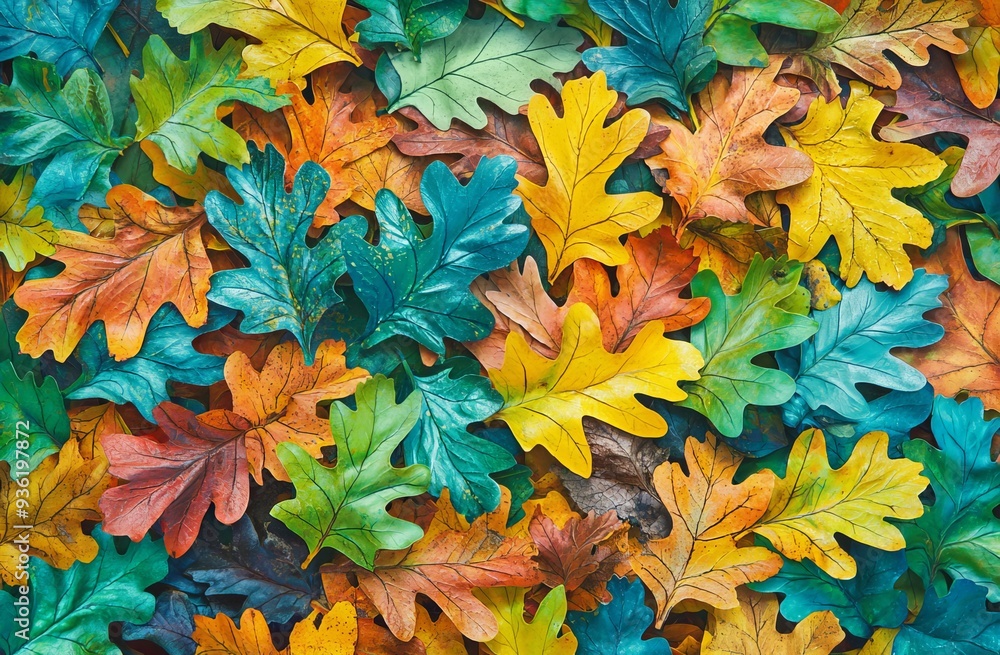 Aufkleber an artistic background of colorful autumn leaves on an oak tree.