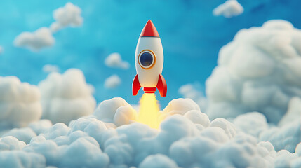 Red and white cartoon rocket launching through clouds on blue sky