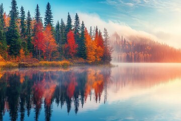 Fototapeta premium Colorful autumn forest reflecting in water. Colorful autumn morning in the mountains. Colorful autumn landscape. Autumn in Canada.