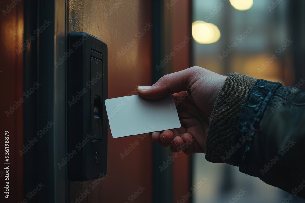 Aufkleber Entering a private building by scanning a security key card. Home and building security system.