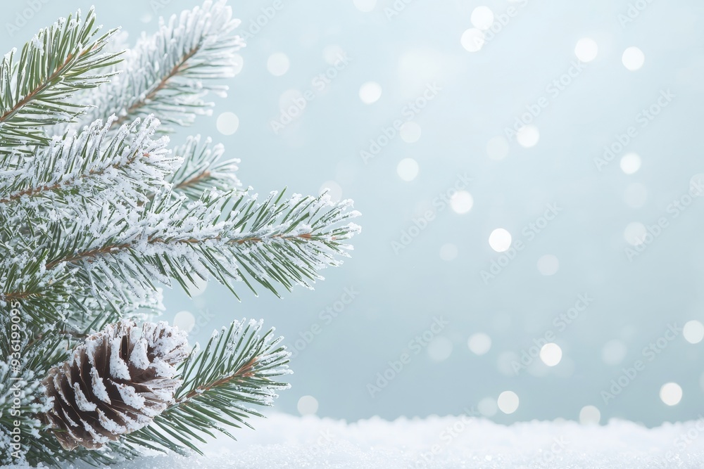 Poster copy space with falling snow on pine tree branches in winter
