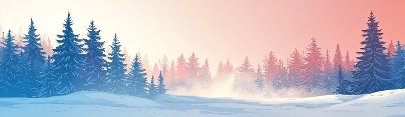 Fototapeta premium The snow is shining and the forest is green under the sun in this winter forest landscape between a white snowy pine tree and a soft green background.