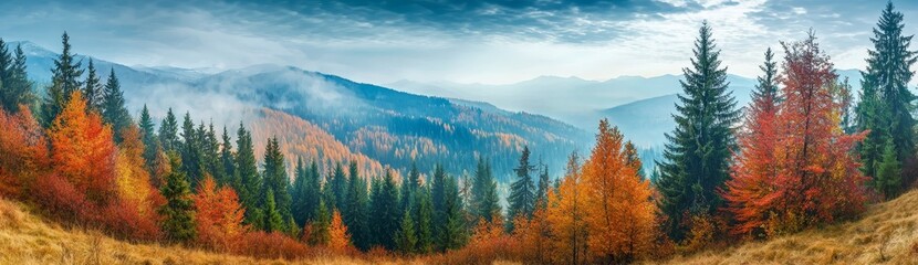 Naklejka premium Autumn forest with bright colors, mountains in the background