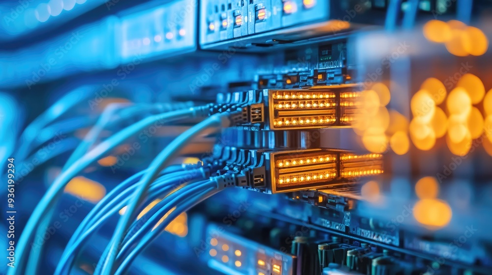 Poster detailed view of a networking cable in a server room, illustrating the complexity of modern data inf