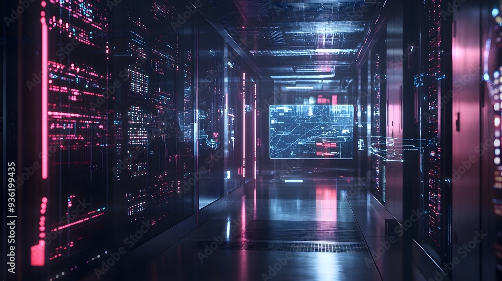 Aufkleber 2. a futuristic data center with glowing servers and holographic network maps