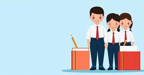 Obraz premium Classroom scene, kids in uniform with pencils and notebooks, flat design illustration